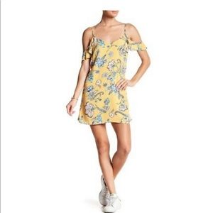Yellow floral sundress with ruffle cold shoulder